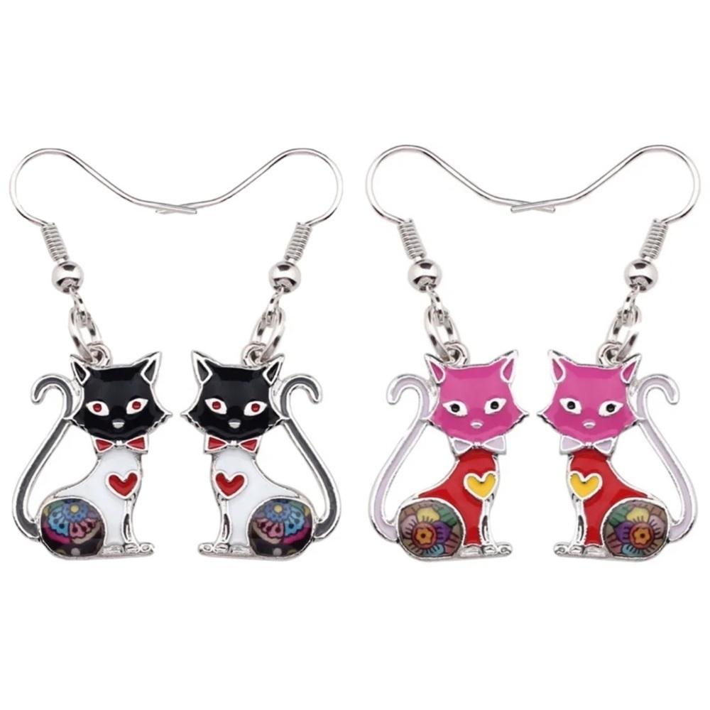 NWOT Fashion Cute Patchwork Floral Kitty Cat Dangle Pierced Earrings